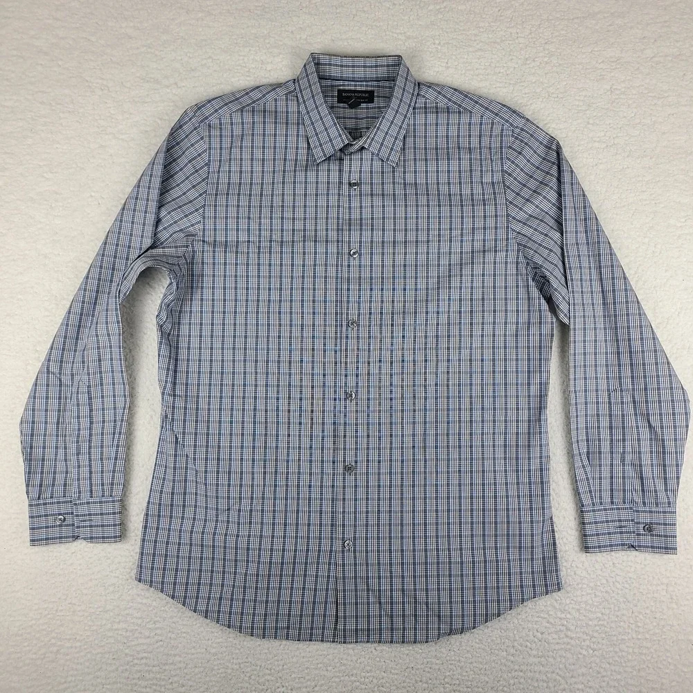 Banana Republic Shirt Mens XL Blue Brown Plaid Tailored Slim Fit Dress Button Up